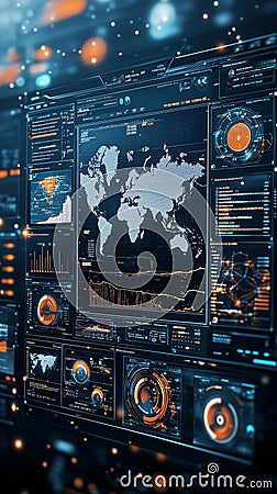 Control center monitoring global data and statistics on multiple screens Stock Photo