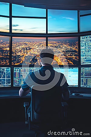 Control Center Operator Monitoring City Skyline and Data on Multiple Screens at Night Stock Photo