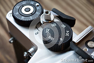 Control dial shutter speed and frame counter on SLR camera Stock Photo