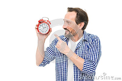 Control and discipline. Man casual style hold alarm clock. Time management and procrastination. Take control of time Stock Photo