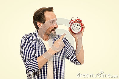 Control and discipline. Man casual style hold alarm clock. Time management and procrastination. Take control of time Stock Photo