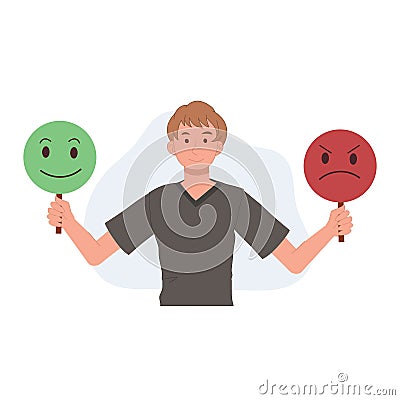 control emotion concept. man hold face masks expressing emotions and change mood. Emotional intellect. Vector illustration Vector Illustration