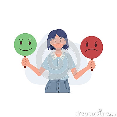 control emotion concept. woman hold face masks expressing emotions and change mood. Emotional intellect. Vector illustration Vector Illustration