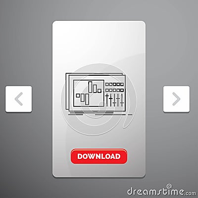 control, equalizer, equalization, sound, studio Line Icon in Carousal Pagination Slider Design & Red Download Button Vector Illustration