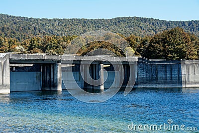 The Control Gates control the flow of water between Lake Te Anau and Lake Manapouri. These gates are also at the start of the Stock Photo