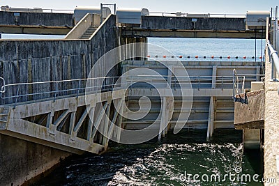 The Control Gates for controlling the flow of water between Lake Te Anau and Lake Manapouri Stock Photo