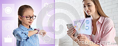 Control kid`s geolocation via smart watch. Mother and daughter with gadgets, collage Stock Photo