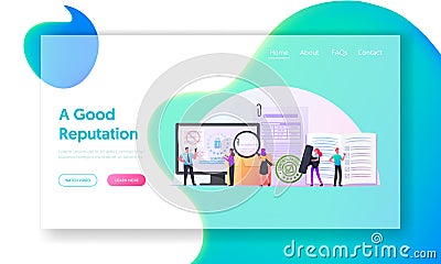 Control Landing Page Template. Characters with Documents at Huge Computer Controlling Goods Quality. Internet Security Vector Illustration