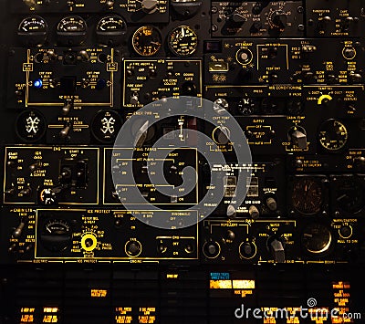 Control levers and switches with backlighting. Airplane cockpit Stock Photo