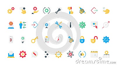 Control and management of system productivity flat icons set, gears and setup tools. Vector Illustration