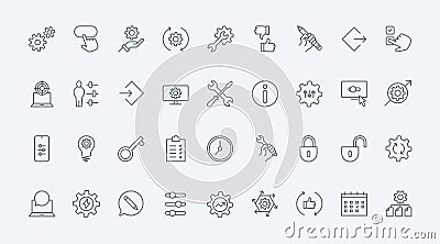 Control and management of system productivity line icons set, gears and setup tools Vector Illustration