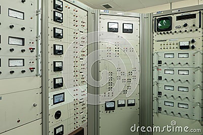 Control Panel of a Cyclotron Particle Accelerator Stock Photo