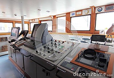 Control Panel and Dashboard in Ship Cabin Editorial Stock Photo