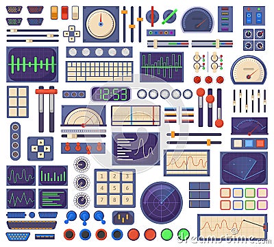Control panel elements, buttons dials, tuners and connection ports. Retro control panel interface elements illustration set Cartoon Illustration