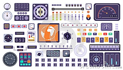 Control panel elements, spaceship switches, buttons, dials and screens. Flat retro spacecraft dashboard console monitor Vector Illustration