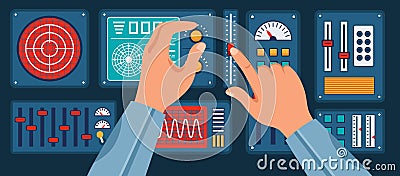 Control panel interface with hands. Adjusting settings of spaceship console with gauges, sliders and switches. Flight Vector Illustration