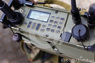 Control panel of modern military radio station close-up Stock Photo