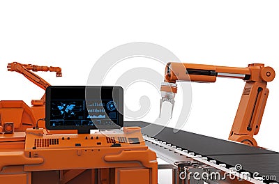 Control panel screen with robotic arms Stock Photo