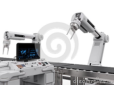 Control panel screen with robotic arms Stock Photo