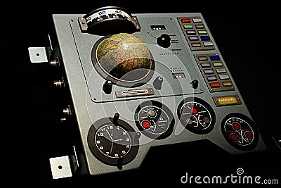 Control panel of soviet spaceships Vostok - type SIS-2-3 KV displayed on space expo. Editorial Stock Photo