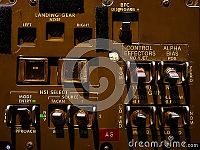 Control panel of space shuttle landing gear displayed on space expo. Stock Photo
