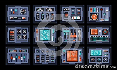 Control panels set. Devices from the control room Vector Illustration