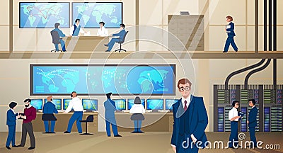 Control room. Military command center. Mission management. Employees in security operation office. Work team. Electronic Vector Illustration