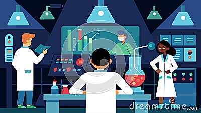 In a control room overlooking the lab a team of researchers analyze data from the experiment tweaking the formula to Vector Illustration