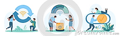 Control settings set, tiny people move slider with check mark, push button, start update Vector Illustration