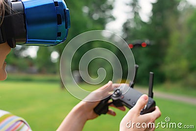 Control using VR points in a quadrocopter in the park. concept of new technologies. flights Stock Photo