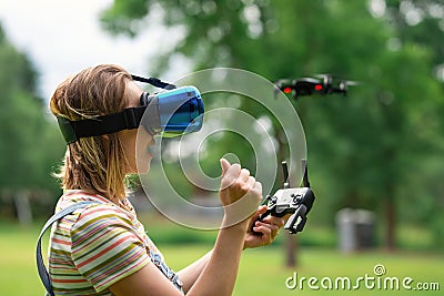 Control using VR points in a quadrocopter in the park. concept of new technologies. flights Stock Photo