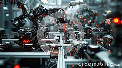 The controlled chaos of a hyperautonomous microfactory where robots and machines work together to produce complex Stock Photo