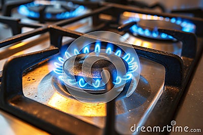 Controlled intensity Gas stove burner displaying a striking, blue flame Stock Photo