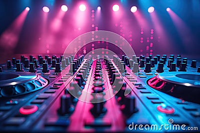 controller console DJ mixer with turntable in booth Stock Photo