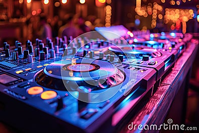 controller console DJ mixer with turntable in nightclub in booth Stock Photo