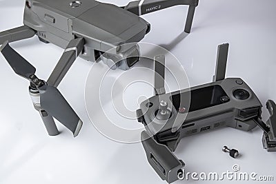 Controller and drone mavic 2 pro on white background Editorial Stock Photo