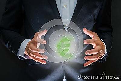 Controlling money concept. Currency symbol - euro sign between h Stock Photo