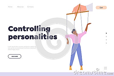 Controlling personalities concept for landing page template with woman puppet marionette character Vector Illustration