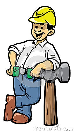 Contruction worker lean on a big hammer Vector Illustration