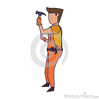 Contruction worker with tools avatar faceless blue lines Vector Illustration