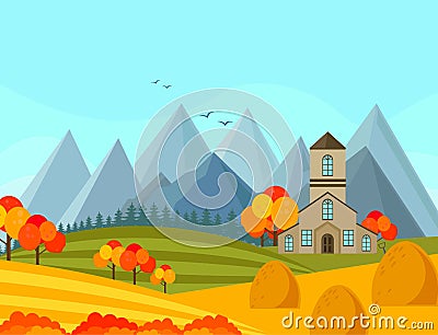 Contryside autumn season with mountains background Vector Vector Illustration