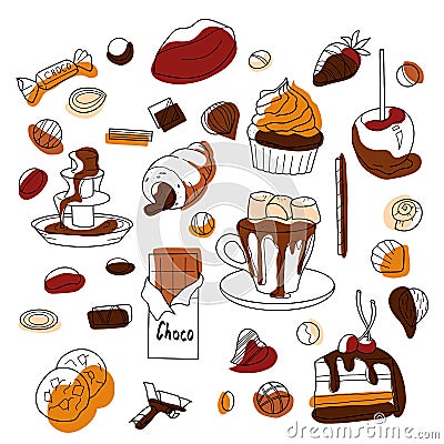 contur and flat drawings, a set of chocolate sweet Stock Photo