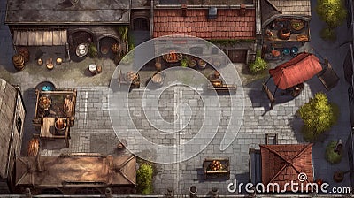 Conurbation Battlemap Of Small City Street With Marketplace Stock Photo
