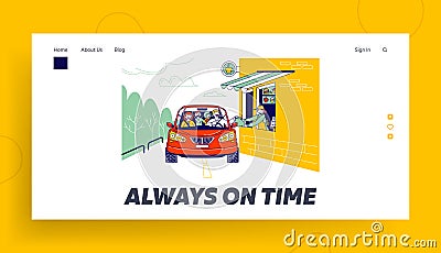Convenient Payment from Car, Drive Thru Landing Page Template. Characters Pay Service with Credit Card Pos Terminal Vector Illustration