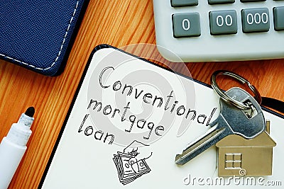 Conventional mortgage loan is shown on the business photo using the text Stock Photo