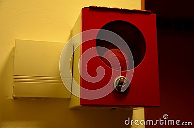 Conventional pushbutton detector red special, breaking glass, EPS SYSTEMS Comprehensive services and offer of electric fire alarm Stock Photo