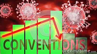 Conventions, Covid-19 virus and economic crisis, symbolized by graph going down to picture that coronavirus affects Conventions Cartoon Illustration
