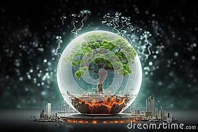 Converging realms Tree on globe, binary network backdrop where nature and tech unite Stock Photo