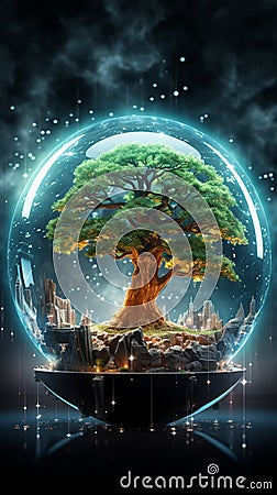 Converging realms Tree on globe, binary network backdrop where nature and tech unite Stock Photo
