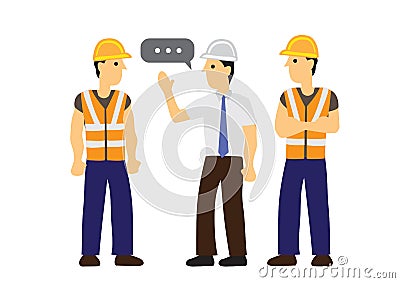 Conversation between the foreman and his construction workers. Concept of safety communication Vector Illustration